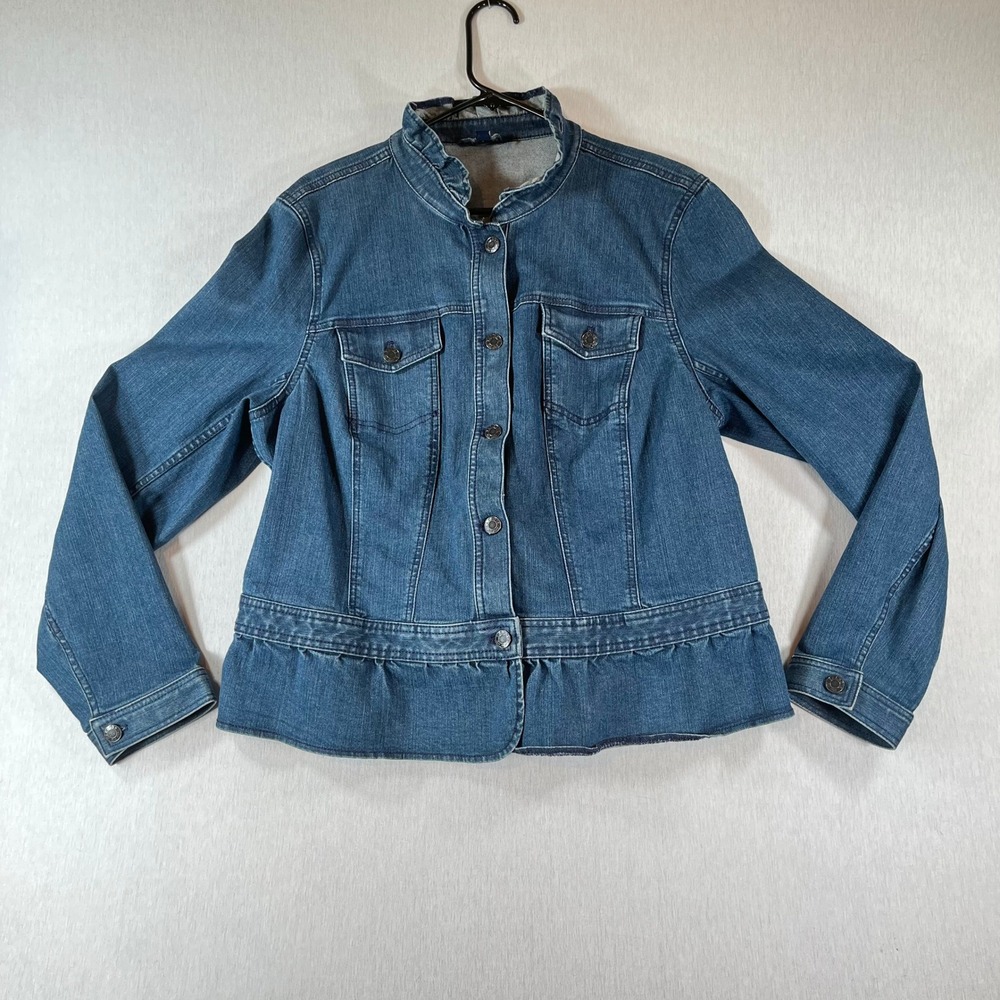Talbots Denim Jacket Womens XL Ruffle Hem Stretch Button Front BD5171 Western